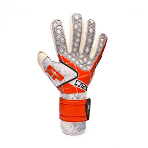 Backhand Of A White And Orange/Red Soccer Goalkeeper Gloves. Children's Glove. Forms Part Of GoKeepers Soloporteros (SP) Goalkeeper Gloves Collection. 