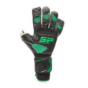 Black 2018 Mussa Goalkeeper glove says "SP" on the backhand