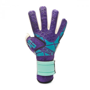 Backhand of a purple goalkeeper glove with a single-piece seamless latex body