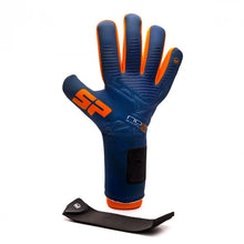 Load image into Gallery viewer, Back hand of a blue professional soccer glove with detachable elastic strap