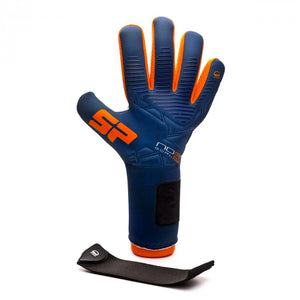 Back hand of a blue professional soccer glove with detachable elastic strap